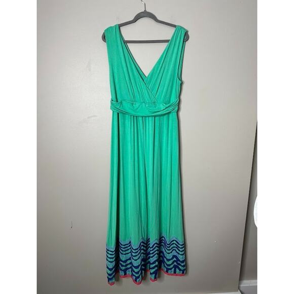 Boden Green Maxi Dress 14R Grosgrain Ribbon Detail V Neck Beachy Resort Whimsy - Picture 4 of 9